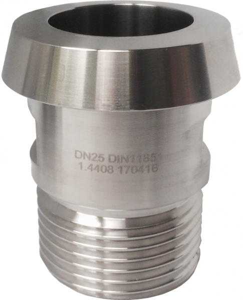 Zuivelkoppeling DIN11851 puntstuk DN25 verloop  1" BSP bu.dr.